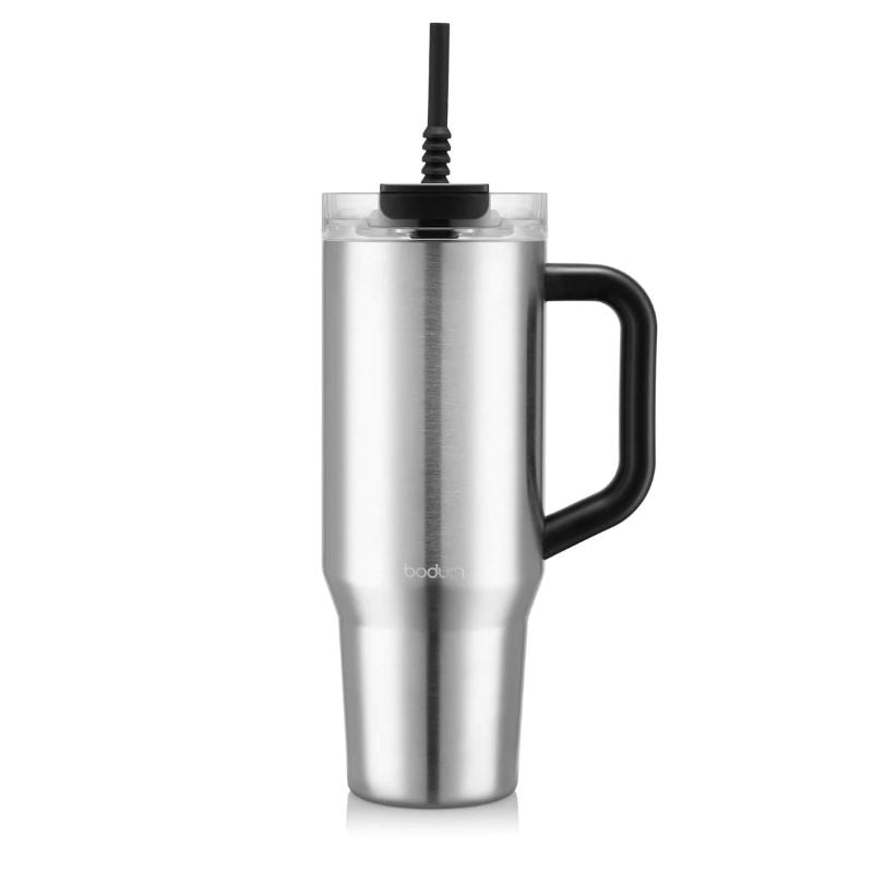 Bodum Travel Mug with Handle & Silicone Straw - Chrome