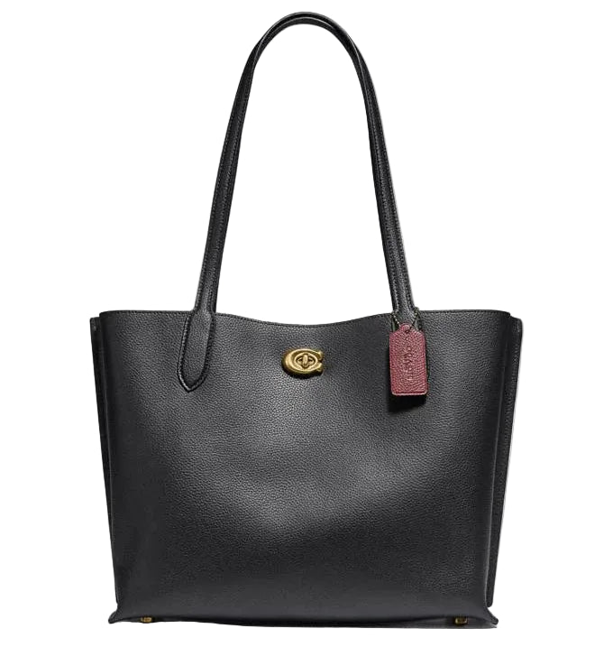 A black pebbled leather tote bag with double shoulder straps, a gold-tone metal logo clasp, and a small brown leather brand tag, shown on a light gray background.