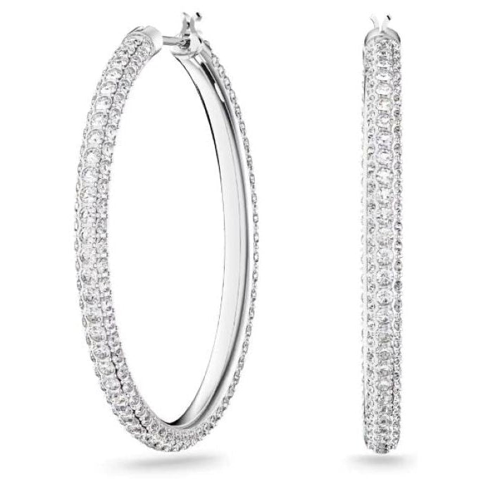 Swarovski Dextera hoop earrings, Pavé, Large, White, Rhodium plated