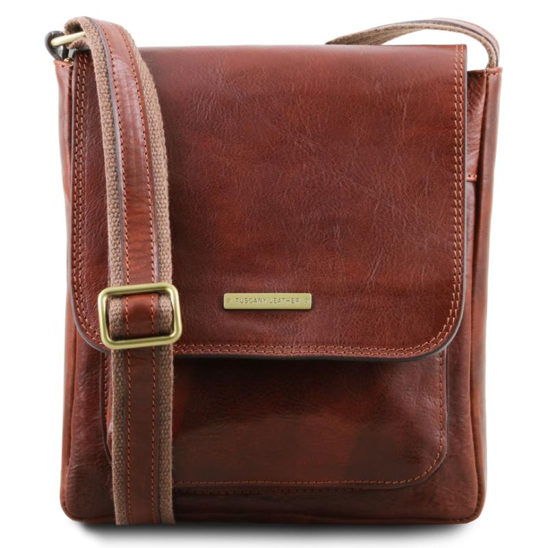 Tuscany Leather Jimmy - Leather crossbody bag for men with front pocket - Brown